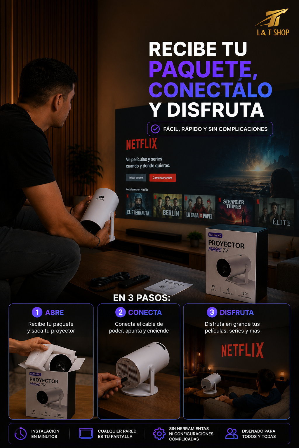 Proyector Full HD 4K | Convierte cualquier pared en un cine en casa