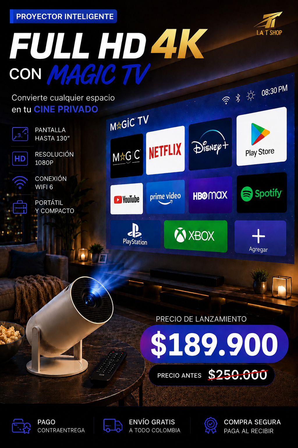 Proyector Full HD 4K | Convierte cualquier pared en un cine en casa
